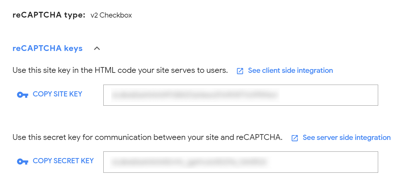 reCAPTCHA keys