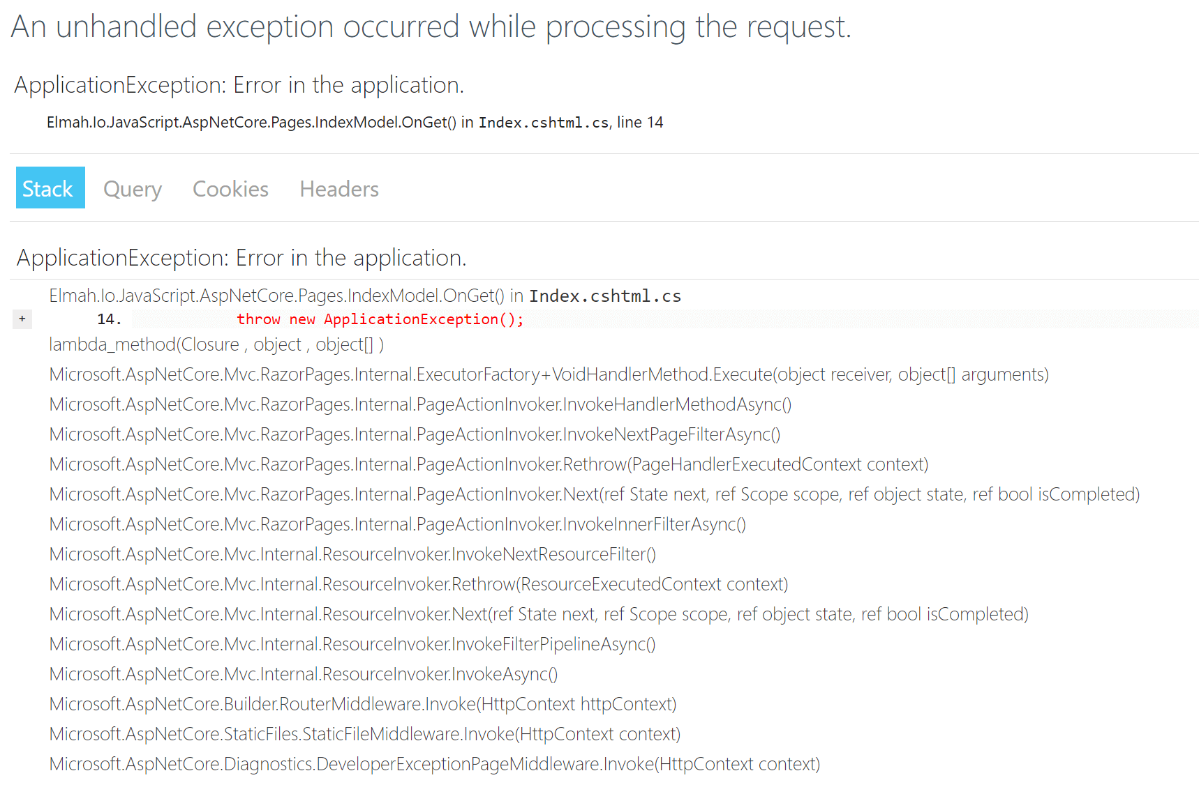 Developer exception page