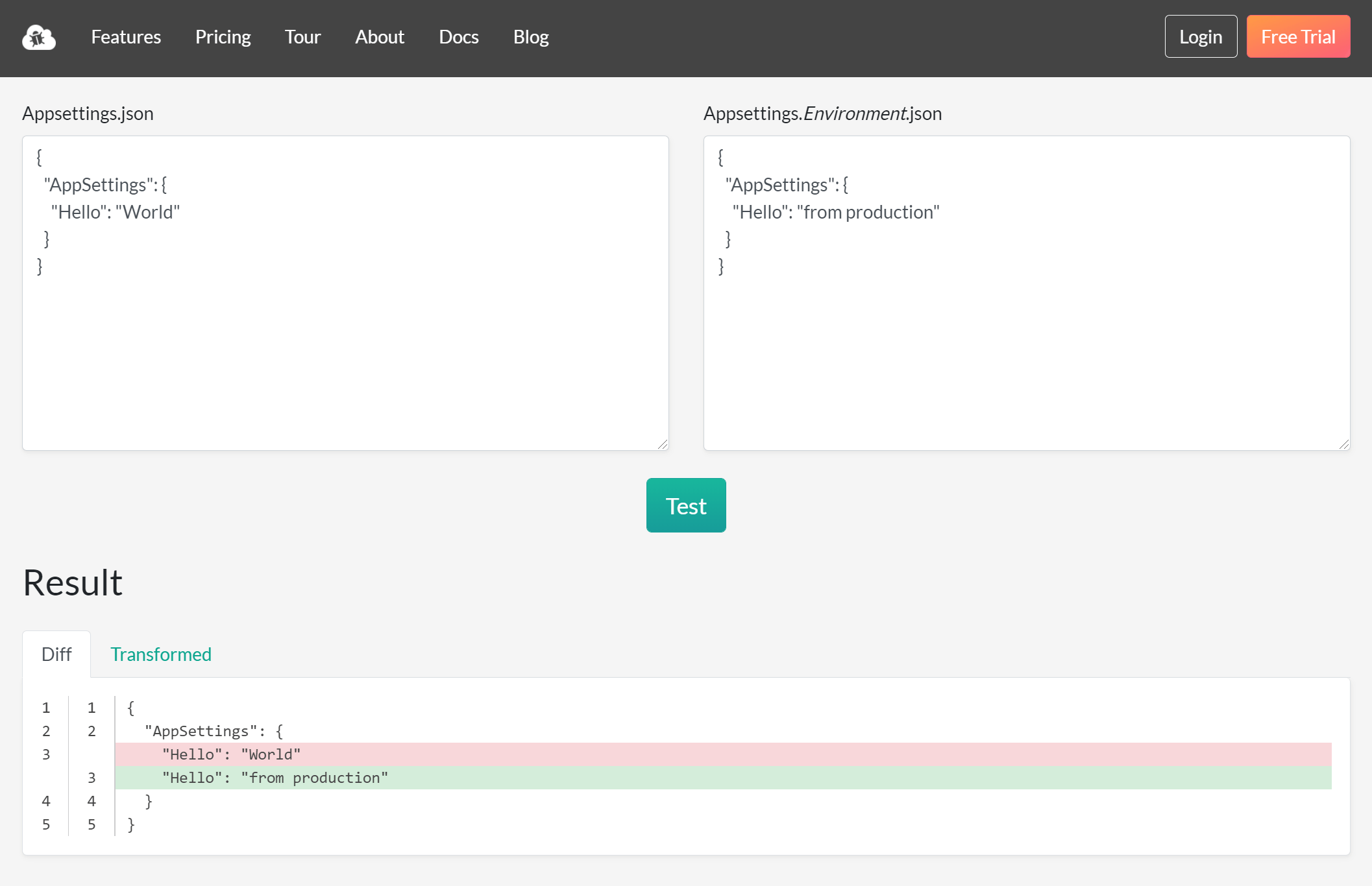 Appsettings.json Transform Tester