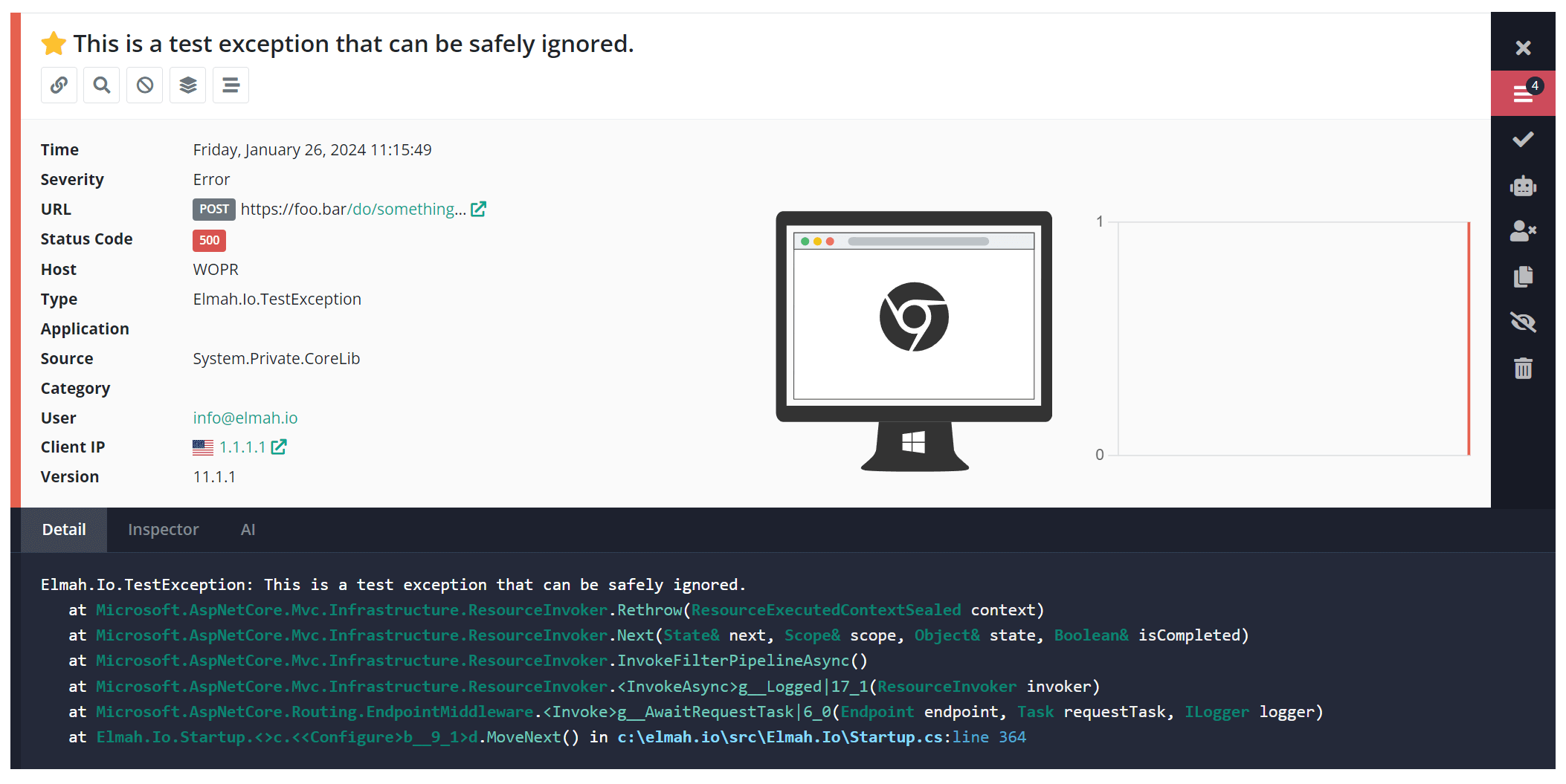 An error with a stack trace in elmah.io