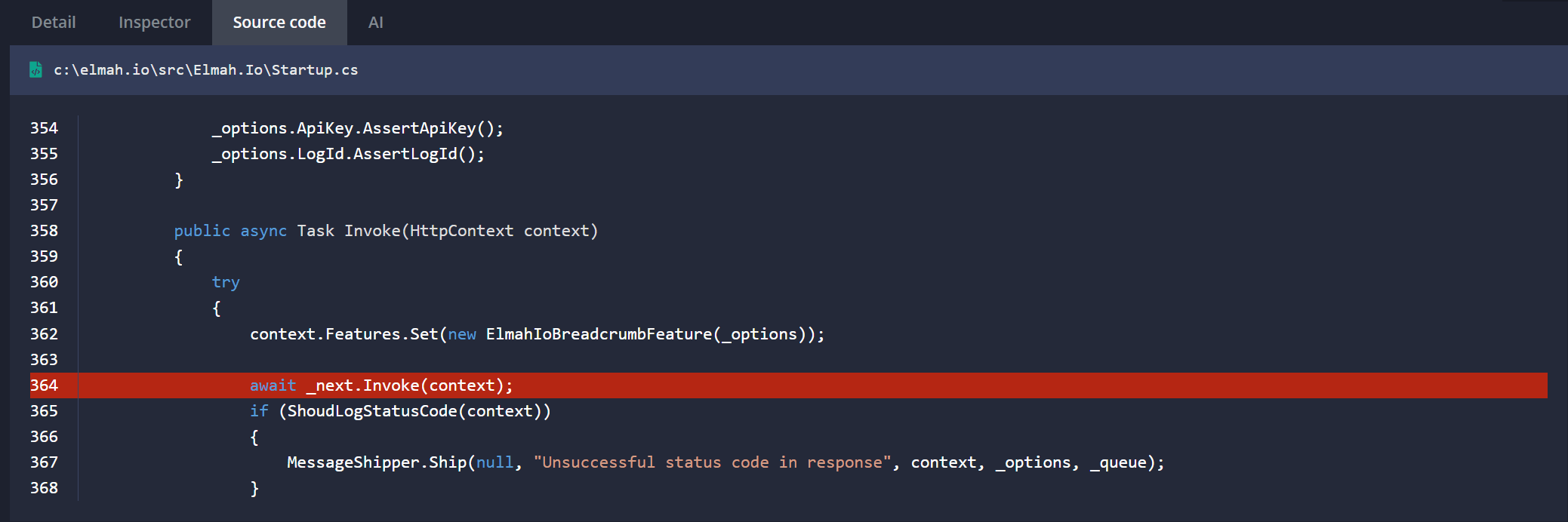 The Source code tab in elmah.io