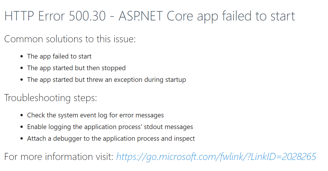 Start failure. Asp net Core 500.30. Ошибка 500. Html Error 500. Ошибка cors.
